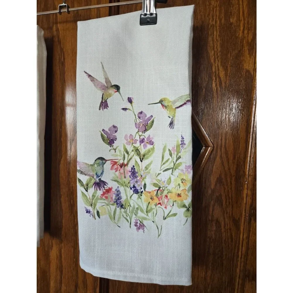 Hummingbird Floral Kitchen Tea Towels - White Set Of Two